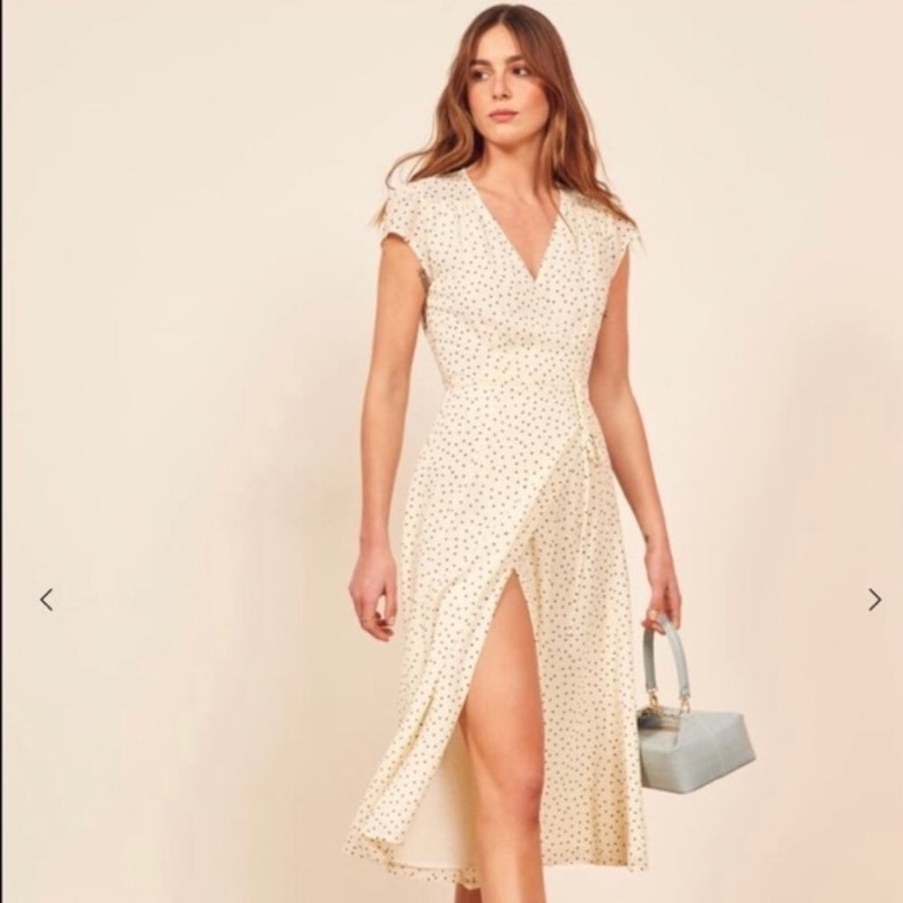 REFORMATION Carina White Dot Wrap Midi Dress Sz M
